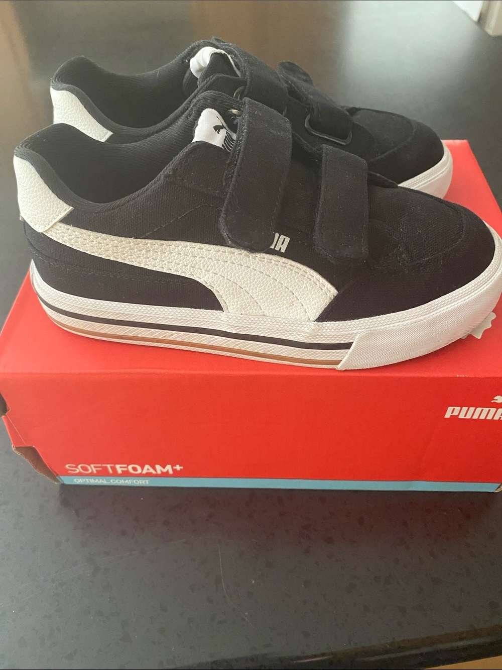 Puma Court Classic Kids Black Canvas Velcro Skate Sneakers with White Sole